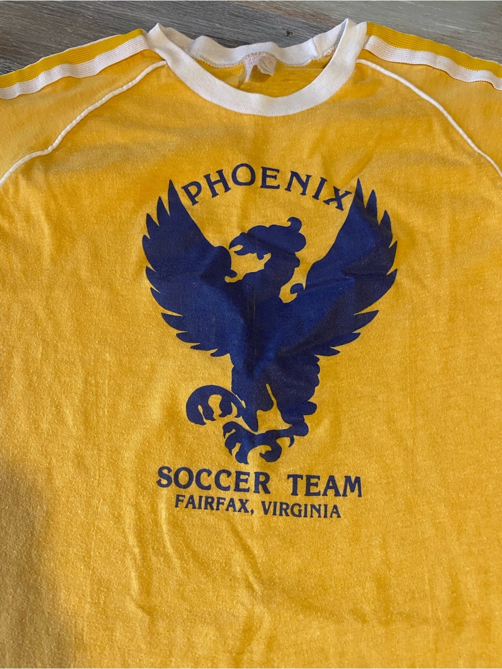 Vintage 70s Phoenix Soccer Team Fairfax Virginia yellow t-shirt blue phoenix XS - Picture 2 of 7